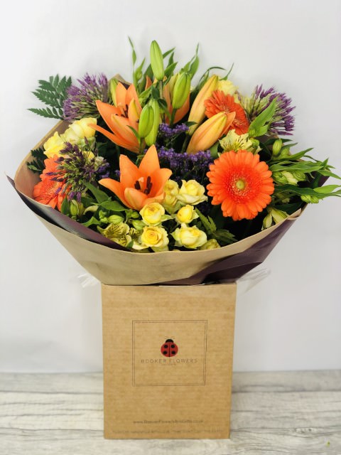 <h2>Bright Summer Bouquet of Flowers - Hand Delivered</h2>
<br>
<ul>
<li>Approximate Dimensions: 50cm x 35cm</li>
<li>Flowers arranged by hand and gift wrapped in our signature eco-friendly packaging and finished off with a hidden wooden ladybird</li>
<li>To give you the best occasionally we may make substitutes</li>
<li>Our flowers backed by our 7 days freshness guarantee</li>
<li>For delivery area coverage see below</li>
</ul>
<br>
<h2>Flower Delivery Coverage</h2>
<p>Our shop delivers flowers to the following Liverpool postcodes L1 L2 L3 L4 L5 L6 L7 L8 L11 L12 L13 L14 L15 L16 L17 L18 L19 L24 L25 L26 L27 L36 L70 If your order is for an area outside of these we can organise delivery for you through our network of florists. We will ask them to make as close as possible to the image but because of the difference in stock and sundry items, it may not be exact.</p>
<br>
<h2>Hand-tied Bouquet | Flowers in box with water</h2>
<p>These beautiful flowers hand-arranged by our professional florists into a hand-tied bouquet are a delightful choice from our new Summer collection. This bouquet contains lots of Summer favourites and it would make the perfect gift to let someone know you are thinking of them.</p>
<br>
<p>Handtied bouquets are lovely display of fresh flowers that have the wow factor. The advantage of having a bouquet made this way is that they are artfully arranged by our florists and tied so that they stay in the display.</p>
<br>
<p>They are then gift wrapped and aqua packed in a water bubble so that at no point are the flowers out of water. This means they look their very best on the day they arrive and continue to delight for days after.</p>
<br>
<p>Being delivered in a transporter box and in water means the recipient does not need to put the flowers in a vase straight away, they can just put them down and enjoy.</p>
<br>
<p>Featuring 2 orange lilies, 1 purple limonium, 3 orange gerbera, 3 alliums, 3 yellow alstroemeria, 3 yellow spray roses together with mixed seasonal foliages.</p>
<br>
<h2>Eco-Friendly Liverpool Florists</h2>
<p>As florists we feel very close earth and want to protect it. Plastic waste is a huge problem in the florist industry so we made the decision to make our packaging eco-friendly.</p>
<p>To achieve this, we worked with our packaging supplier to remove the lamination off our boxes and wrap the tops in an Eco Flowerwrap, which means it easily compostable or can be fully recycled.</p>
<p>Once you've finished enjoying your flowers from us, they will go back into growing more flowers! Only a small amount of plastic is used as a water bubble and this is biodegradable.</p>
<p>Even the sachet of flower food included with your bouquet is compostable.</p>
<p>All our bouquets have small wooden ladybird hidden amongst them, so do not forget to spot the ladybird and post a picture on our social media pages to enter our rolling competition.</p>
<br>
<h2>Flowers Guaranteed for 7 Days</h2>
<p>Our 7-day freshness guarantee should give you confidence that we will only send out good quality flowers.</p>
<p>Leave it in our hands we will create a marvellous bouquet which will not only look good on arrival but will continue to delight as the flowers bloom.</p>
<br>
<h2>Liverpool Flower Delivery</h2>
<p>We are open 7 days a week and offer advanced booking flower delivery, same-day flower delivery, 3-hour flower delivery. Guaranteed AM PM or Evening Flower Delivery and also offer Sunday Flower Delivery.</p>
<p>Our florists deliver in Liverpool and can provide flowers for you in Liverpool, Merseyside. And through our network of florists can organise flower deliveries for you nationwide.</p>
<br>
<h2>The Best Florist in Liverpool, your local Liverpool Flower Shop</h2>
<p>Come to Booker Flowers and Gifts Liverpool for your beautiful flowers and plants. For that bit of extra luxury, we also offer a lovely range of finishing touches, such as wines, champagne, locally crafted Gin and Rum, vases, Scented Candles and Chocolates that can be delivered with your flowers.</p>
<p>To see the full range, see our extras section.</p>
<p>You can trust Booker Flowers and Gifts of delivery the very best for you.</p>
<p><br /><br /></p>
<p><em>5 Star review on Yell.com</em></p>
<br>
<p><em>Thank you Gemma for your fabulous service. The flowers are of the highest quality and delivered with a warm smile. My sister was delighted. Ordering was simple and the communications were top-notch. I will definitely use your services again.</em></p>